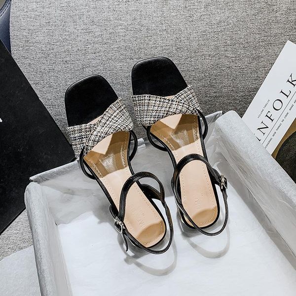 

sandals low heels buckle womans shoes 2021 square head concise tide summer flat large size women's 41-43, Black