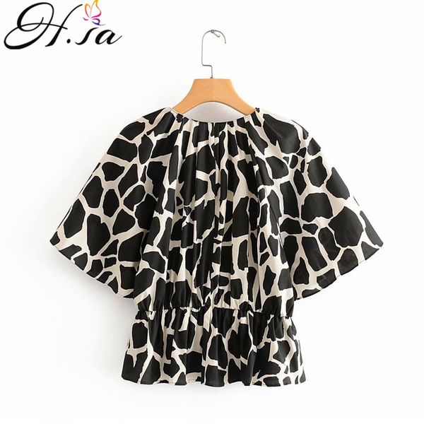 H.SA O-Pescoço Mulheres Curtas Verão Top Cintura Cinto Vintage Camisa Leopard Flare Manga Casual Loose Feminino Blusas 210417