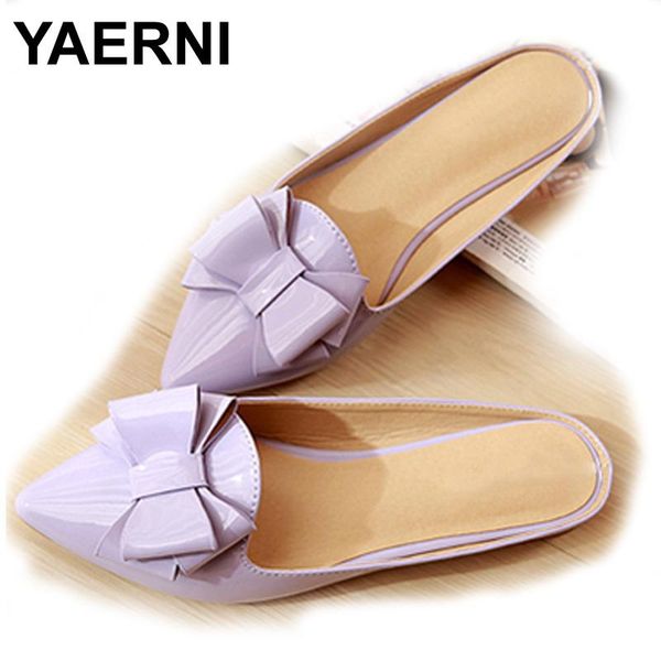 

slippers yaerni shoes woman betterfly knot mules patent leather flat sandals pointed toe slides loafers big size apricot pink, Black