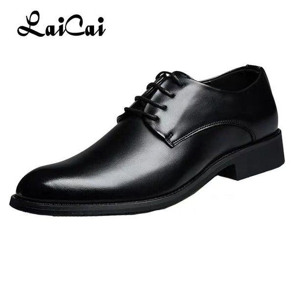 

breathable lace up groom wedding shoes men's leather shoe british business dress pointe toe heigh increasing insole non-slip man, Black