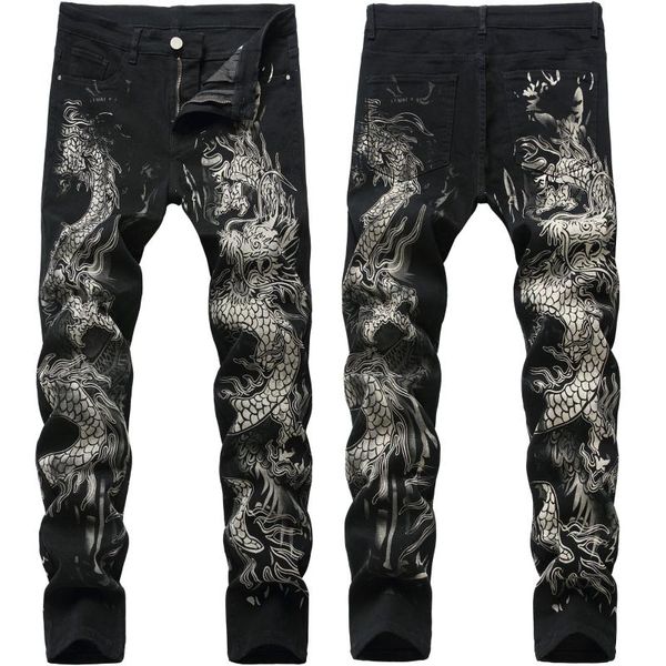 

men's jeans mens skinny denim pants casual stretch slim fit hip hop trousers dragon printed black, Blue