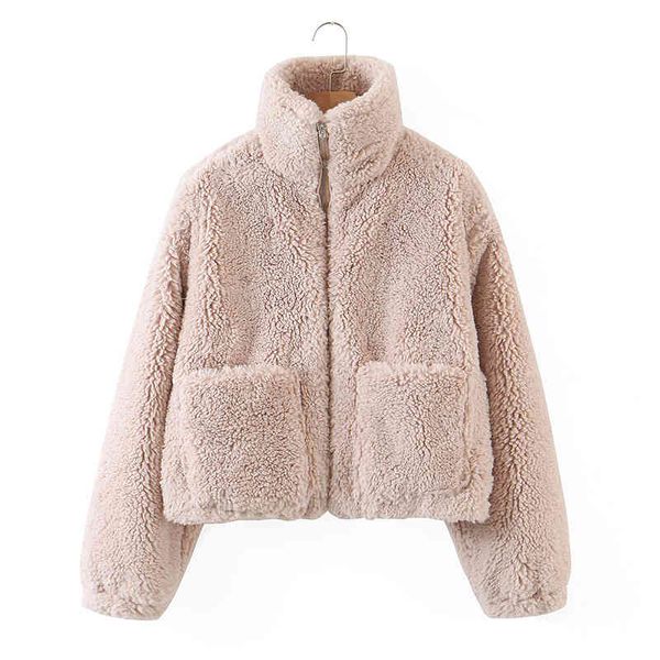 

wool skin coat from the lambswool female jacket fall winter outerwear pocket hairy camel, Black