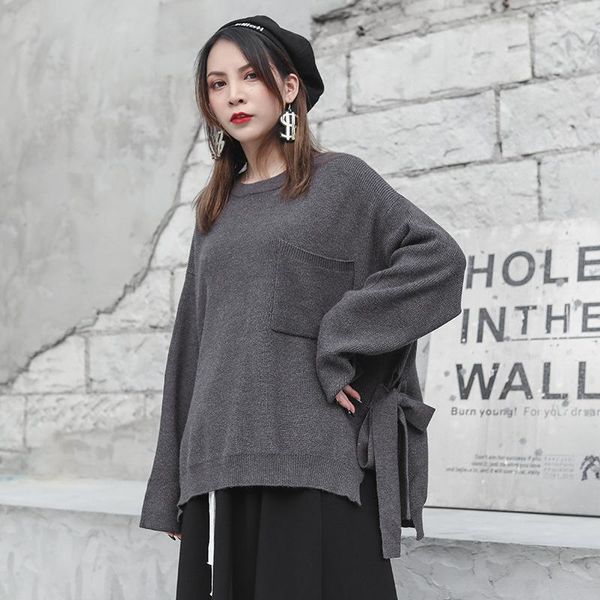 

women's sweaters lanmrem 2021 spring o-neck solid color split bandage sweater women streetwear loose casual fashion clothing pd002, White;black