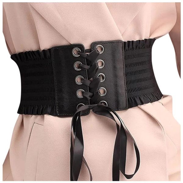 

belts women soft pu leather wrap around lace-up corset cinch waist wide dress belt female retro costume accessories #t3p, Black;brown