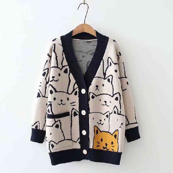 

women's knits & tees fashion cartoon v-neck cardigan sweater women autumn winter cute cat retro professional long-sleeved knitted coat, White