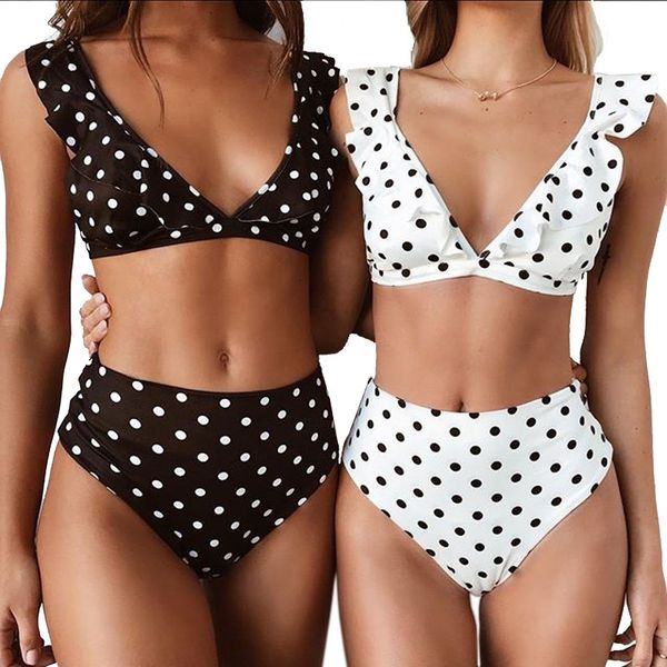 

v 2021 ruffle bikini deep black and white polka dot print swimsuit, White;black