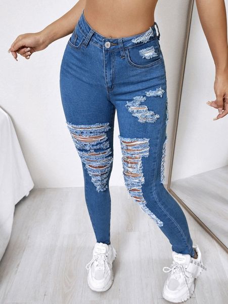 

high waist ripped frayed skinny jeans v5li#, Blue