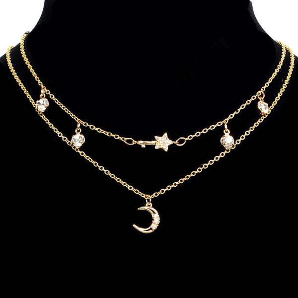 

chokers fashion bohemian style multi layered pendant necklace gold color moon and star neckalce charm link chains crystal, Golden;silver