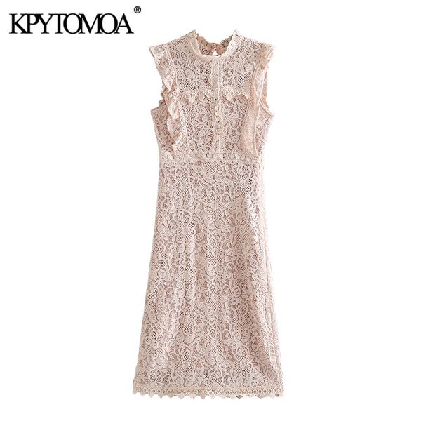 

women chic fashion ruffled lace midi dress vintage sleeveless side zipper with lining female dresses vestidos 210416, Black;gray