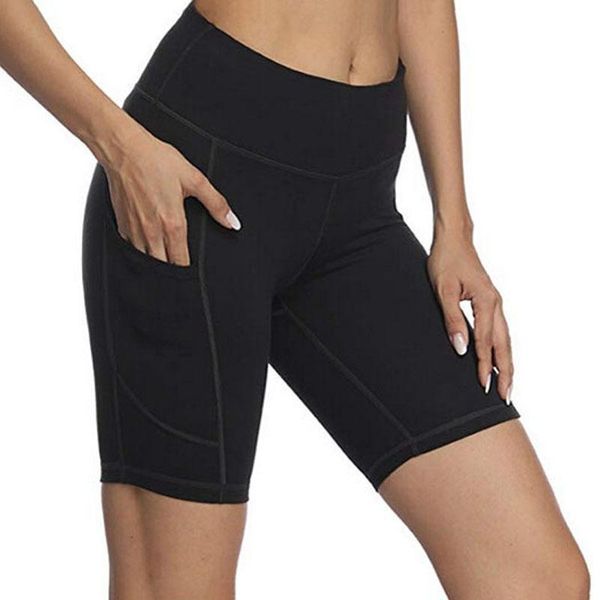 

women's leggings high waist workout yoga running compression shorts tummy control side pockets black sport training