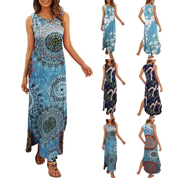 

casual dresses women's maxi dress o-neck summer sleeveless plus size elegent vintage printed all-match loose fashion long vestidos, Black;gray