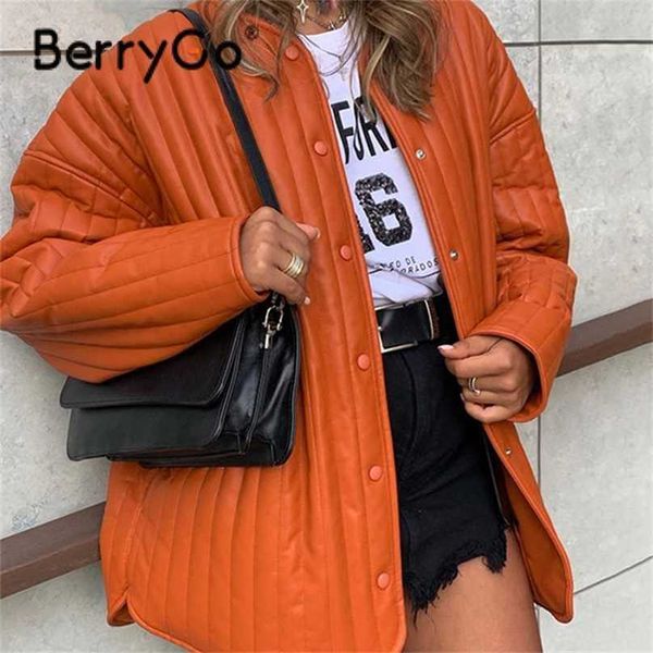 

berrygo autumn winter oversized light pu leather parka women fashion collarless down jacket female solid single breasted outwear 211216, Black