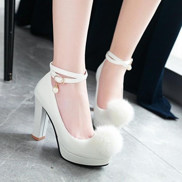 

spring autumn high heels women shoes fashion pearl strap wedding for pumps fur platform bride dress, Black