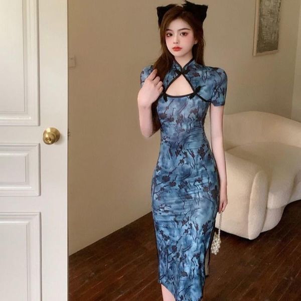 

ethnic clothing blue dress mandarin collar qipao chinese modern 2021 improved retro evening silk cheongsam elegant women slim, Red