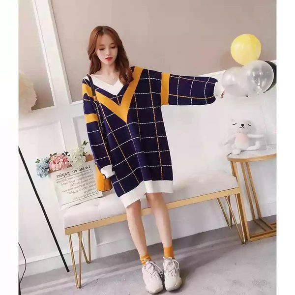 

women's sweaters plaid mix colours 2021 autumn winter sweater pullover v-neck loose mid-length splicing temperament fashion long sleeve, White;black