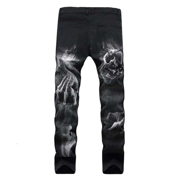 

mens printing casual runway elastic jeans straight denim pants washed high quality, Blue