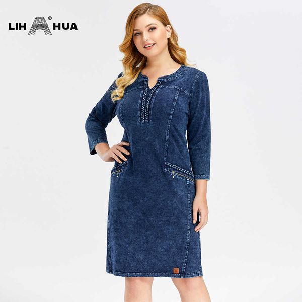 

lih hua women's plus size denim dress elasticity knitted denim dresses slim fit casual dress shoulder pads midi dress 210608, Black;gray
