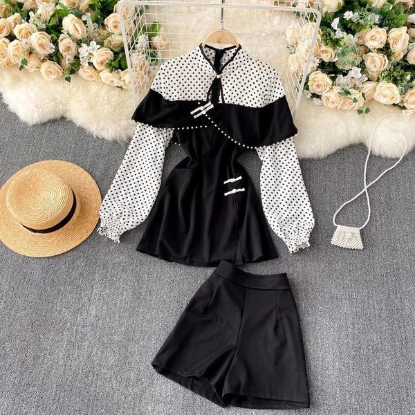 

autumn style stand-up collar puff sleeve cheongsam women's high-waisted two-piece wide-leg pants uk558 tracksuits, Gray