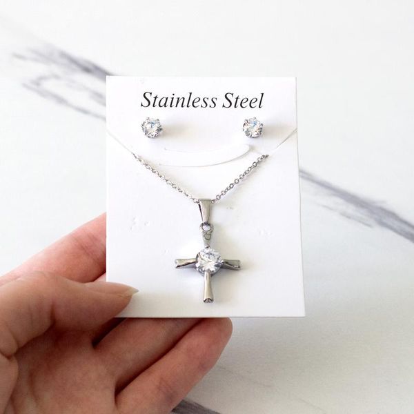 

earrings & necklace luxukisskids fashion cross with crystal stainless steel pendant necklaces sets for ladies luxurious wedding jewelry free, Silver