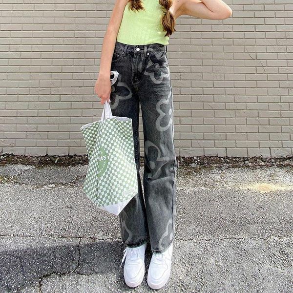 

women's jeans straight leg printed women fashion high waist loose y2k streetwear baggy jean pants casual wide black wash mom, Blue