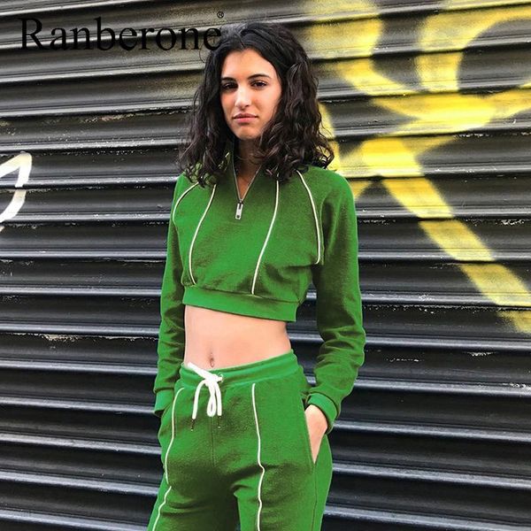 

ranberone suit women sport solid long sleeve short and casual pocket sweatpants women's tracksuit for fitness 2021 gym clothing, White;black