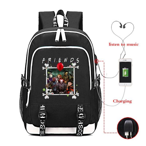 

backpack usb charging backbag friends halloween horror team scary movies character print teenager school bag travel bags