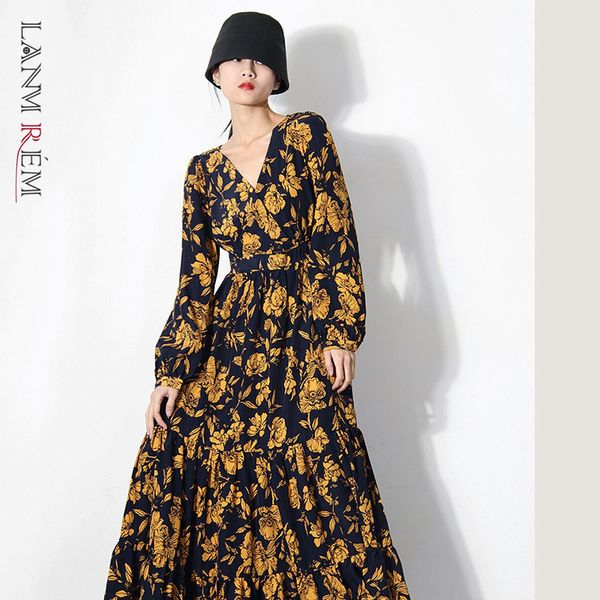 

women print chiffon long pleated a-line dress v- neck lantern sleeve fashion tide spring autumn 2f0121 210507, Black;gray