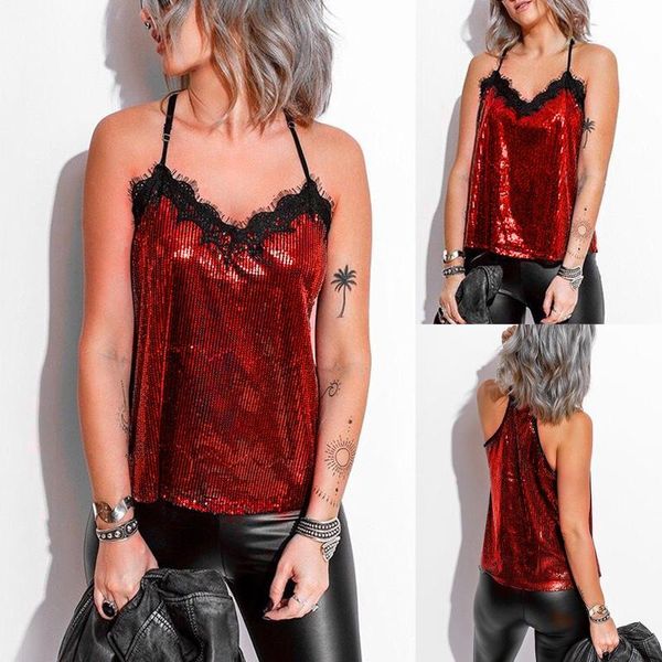 

party sequined lace camisole women sleeveless vest adjustable shoulder strap tank fashion loose v-neck sling blouse women's tanks, White