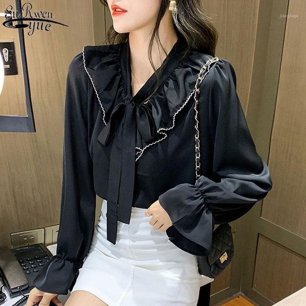 

korean autumn v-neck long sleeve women's black chiffon blouse vintage ruffles bow collar fashion women shirts blusas 11988 blouses &, White
