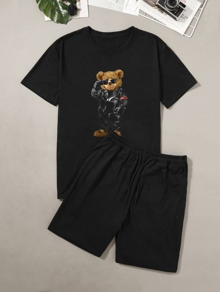 

men bear print tee & drawstring shorts d85a#, Gray