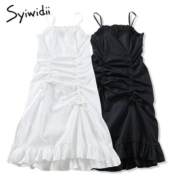 

ruffles camis high waist dresses women sleeveless mid-calf v-neck a-line clothing summer korean fashion dress 210607, Black;gray