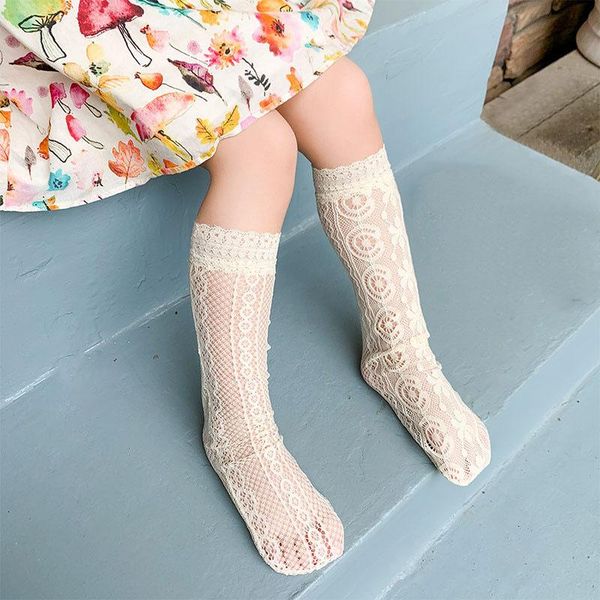 

princess lace floral baby girls socks summer mesh breathable kids knee solid color children legs 2-8 years, Pink;yellow