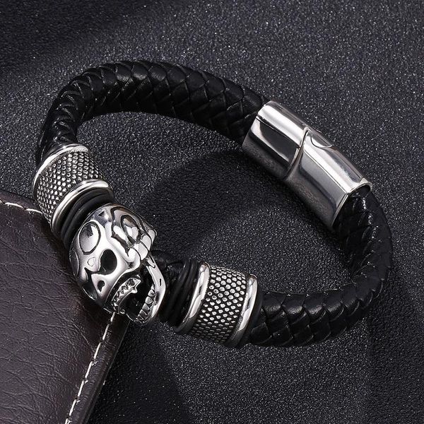 

charm bracelets punk stainless steel skull black/red braided leather bracelet men jewelry magnetic buckle woven pulsera masculina 0065, Golden;silver