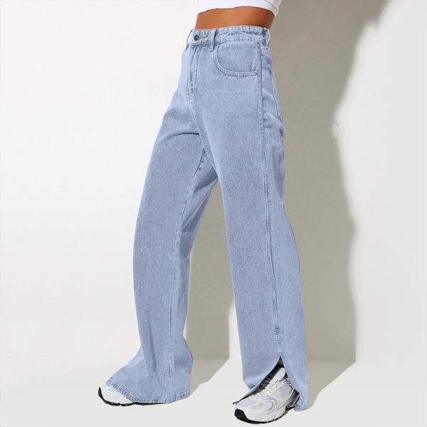 

pants wigh waist wide baggy women jean mom oversize denim streetwear washed trousers with slits femme, Blue
