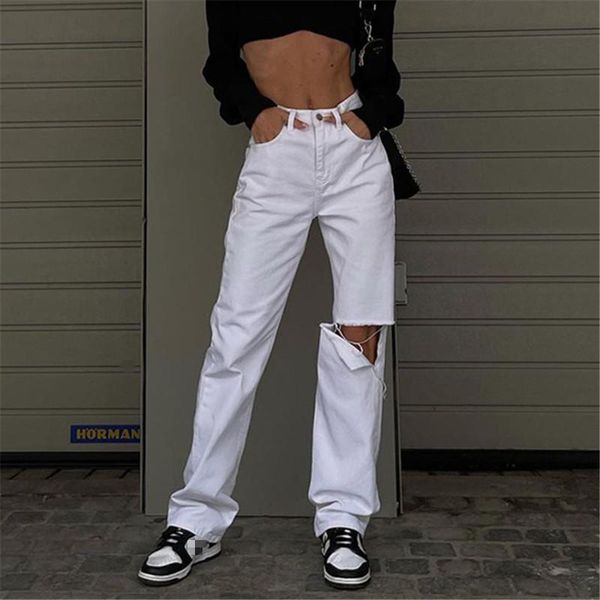 

women's jeans autumn fashion streetwear safari style holes ripped white high waist woman casual cargo denim pants girl straight, Blue
