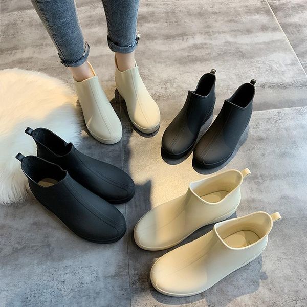 

boots rubber shoes women waterproof rainboots slip on 2021 autumn female causal ankle rain flat light weight, Black