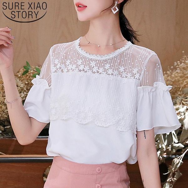 

women's blouses & shirts blusas 2021 summer fashion korean style women o-neck spliced lace lady' sweet floral shirt 8611 50, White