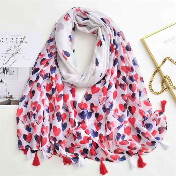 Boinas 2022 Espanha Adorável coração Tassel Viscose Shawl Lady Lady Lady Print Print Soft Stole Bufanda Hijab muçulmano