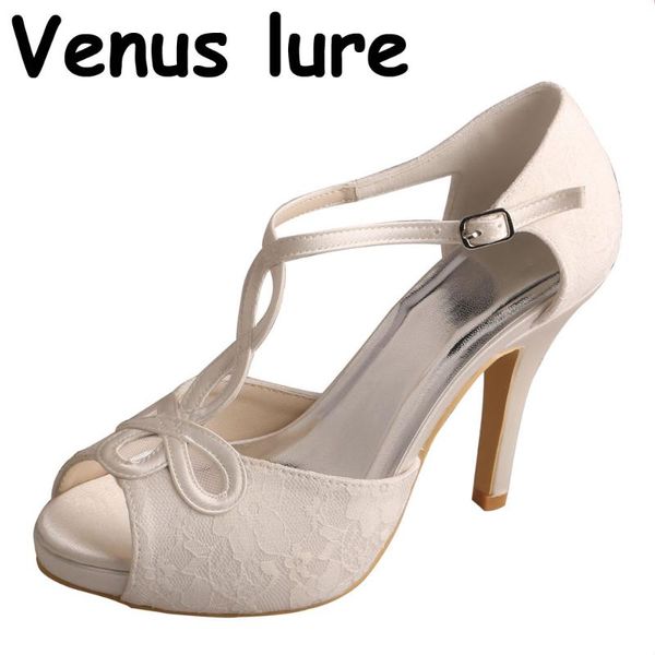 

plus size designer wedding shoes for bride ivory white lace high heel t-strap pumps dress, Black