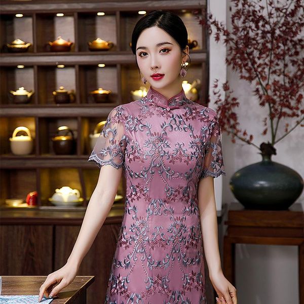 

chinese dress qipao wedding mesh embroidery beaded ladies cheongsam elegant purple mid-length everyday ethnic clothing, Red