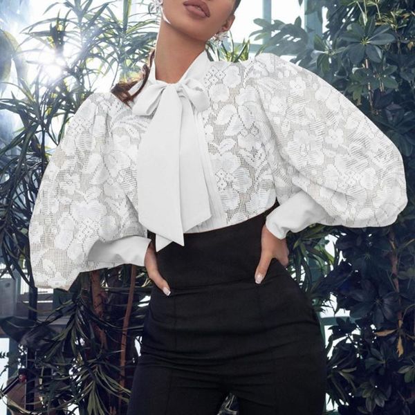 

puff sleeve women white blouse shirts bow tie female office lady work fashion 2021 lace up autumn women's blouses &