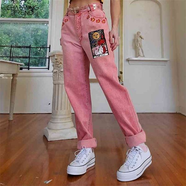 Calças de calças de jeans rosa vintage calças de cintura mid-cintura padrão de estrela jovem rapariga jeans verão outono outono feminino bonito desenhos animados 210922
