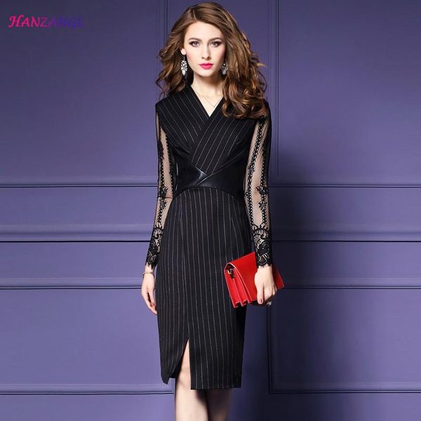

casual dresses hanzangl autumn 2021 womens long sleeve v-neck striped elegant vintage work office lace split sheath bodycon pencil dress, Black;gray