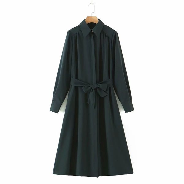 

women dress long sleeves belted midi shirt-style satin elegant chic lady fashion casual woman es 210420, Black;gray