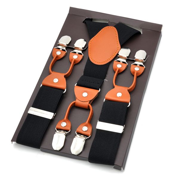 

mens suspenders leather braces y-back shape elastic mens trouser 6 clips suspensorio tirantes hombre bretelles 3.5*120cm, Black;white