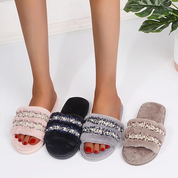 

slippers women's fashion pearl decoration casual flat-bottomed plush cotton indoor bedroom non-slip soft warm shoes, Black