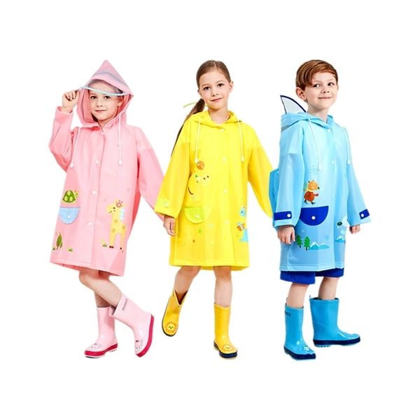 Çocuklar Kız / Erkek Yağmurluk Sevimli Karikatür Baskılı Giysi Pembe / Mavi / Sarı Yağmurluk Su Geçirmez Tulum Kapüşonlu Yağmurluk 211204