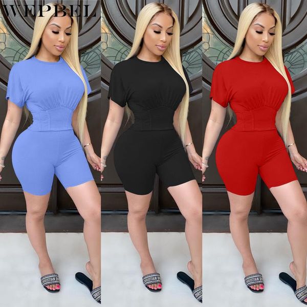 

women's tracksuits wepbel summer fashion solid color slim suit short sleeve o-neck t-shirt + high waist straight shorts, Gray