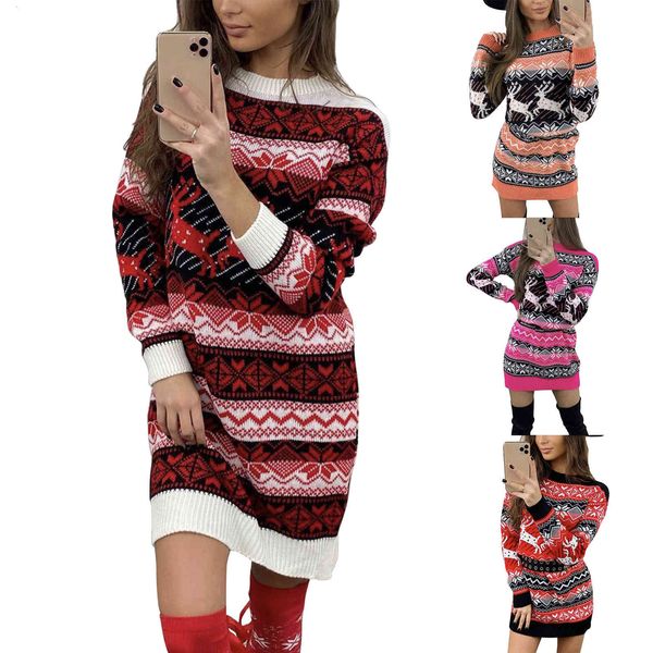 

christmas casual dresses round neck long sleeve womens knitted dress with elk snowflake pattern many different color styles, Black;gray