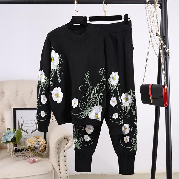 

women's tracksuits autumn winter knitted tracksuit women outfits fashion embroidery flowers sweater pencil pants set casual black knit, Gray